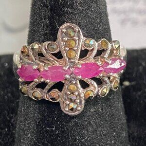 Ring Ruby Size 5.5 Marcasite Women Sterling Silver 925 Valentine